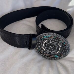 Intricate Black Belt with Decorative Silver Buckle